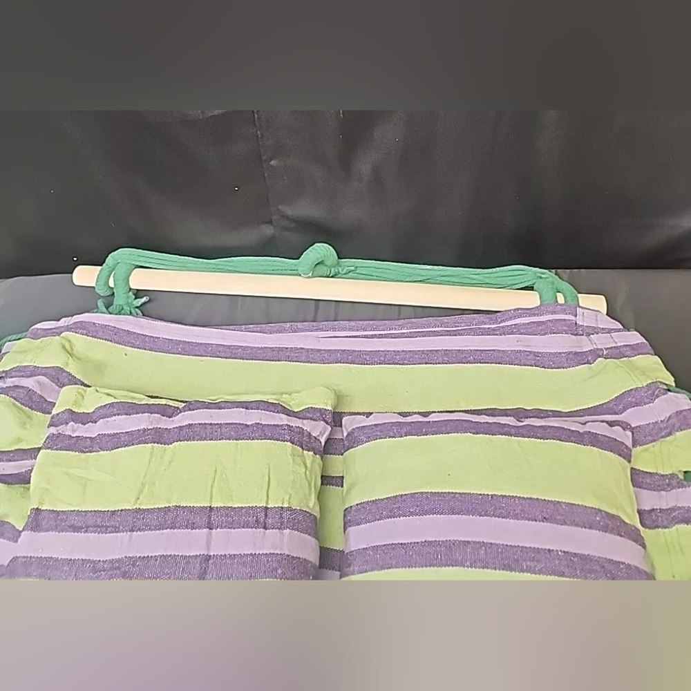 Hammock Hanging Rope Chair Swing Seat Set With 2 Pillows Green And Purple - Picture 6 of 11